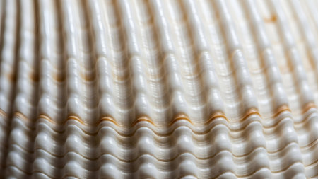 A close-up captures the intricate texture of a seashell, showcasing its iridescent surface, rhythmic ridges, and subtle color variations in a macro perspective.の素材