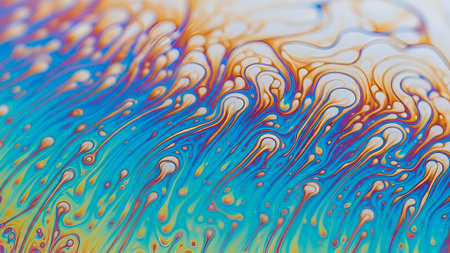 Detailed macro of a soap bubble film, displaying a vibrant spectrum of iridescent colors and flowing, abstract patterns. Light interference creates a mesmerizing, dynamic, and colorful visual.の素材