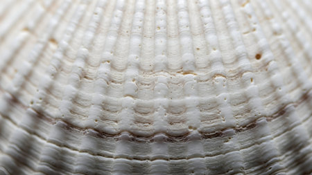 Extreme close-up reveals the intricate, layered texture of a white scallop shell, showcasing delicate ridges and subtle earthy tones.の素材