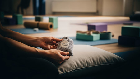 Close-up of hands holding a small, round aromatherapy sachet over a cushion, with a blurred yoga studio background, emphasizing relaxation and mindfulness.の素材