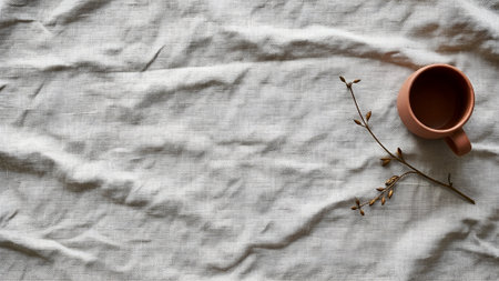 An overhead shot showcases a terracotta coffee cup and a delicate branch resting on a crumpled white linen surface.の素材