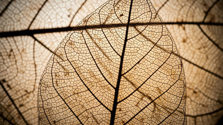 Close-up of a fragile, dried leaf skeleton, revealing its intricate vascular structure against warm light, highlighting nature's delicate artistry.の素材