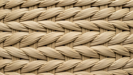 A detailed macro shot of a tightly woven surface, showcasing a horizontal braided pattern of natural fibers in warm, earthy beige tones. A perfect rustic background.の素材