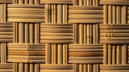Close-up of a woven bamboo texture, showcasing the intricate interlacing of natural fibers. Warm, earthy tones create a rustic and organic feel.の素材