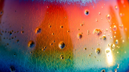 Macro shot of colorful liquid swirls and iridescent bubbles, creating a mesmerizing abstract pattern.の素材