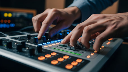 A close-up shot captures hands expertly adjusting the knobs and faders of a professional audio mixing console in a dimly lit recording studio.の素材