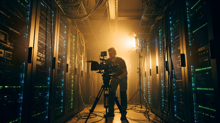 A lone cinematographer films in a dimly lit server room, surrounded by rows of servers and complex cabling, bathed in dramatic, warm light.の素材