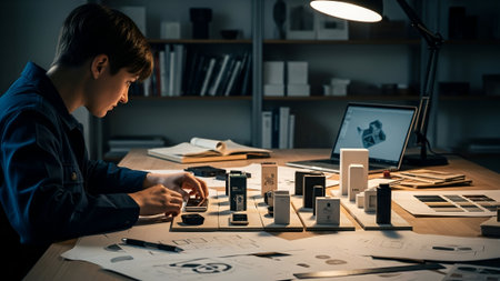 Architect working late at night under a lamp, examining a building model on a desk covered in blueprints, with a laptop in the background.の素材