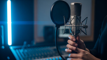 A close-up shot captures a hand holding a professional microphone in a recording studio. The scene is bathed in cool blue lighting, creating a moody atmosphere.の素材