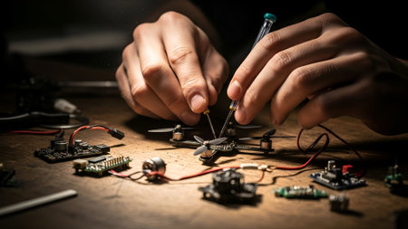 A close-up shot shows hands meticulously soldering electronic components on a workbench. The scene is dimly lit, emphasizing the focus and precision of the work.の素材