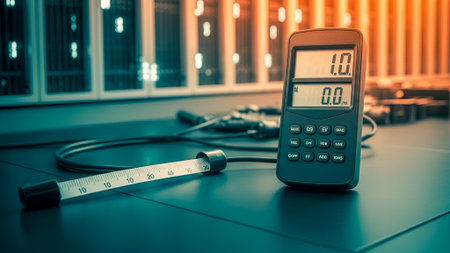 A close-up shot showcases a digital thermometer with a display reading "10.00" alongside other equipment on a dark surface.の素材