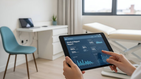 A doctor's hands hold a tablet displaying a medical report with charts and data. The scene is set in a modern clinic room with a desk, chair, and examination table. The lighting is bright and natural.の素材