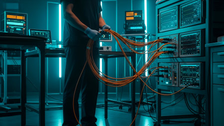 A technician holds a bundle of orange cables in a futuristic server room, illuminated by blue neon lights and vintage computer equipment.の素材