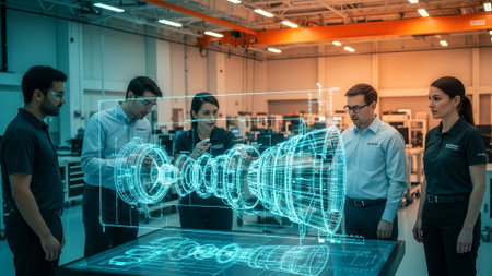 Engineers in a bright, modern workshop analyze a detailed holographic projection of an engine, showcasing advanced technology and teamwork.の素材