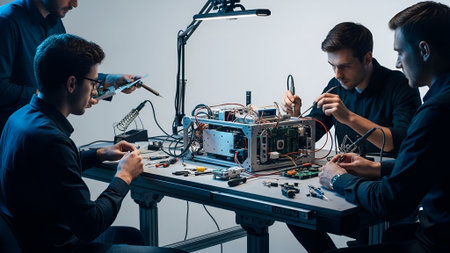 A focused engineering team collaborates, assembling a complex electronic device under bright workshop lighting, showcasing teamwork and precision in a modern tech environment.の素材
