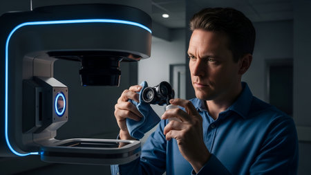 A determined man in a blue shirt examines a small, intricate part, illuminated by the cool, modern light of advanced technology.の素材