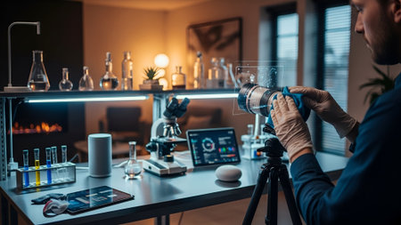 A researcher documents an experiment, adjusting his camera in a sophisticated lab that blends science with modern design and atmospheric evening light.の素材