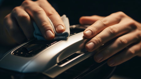 Close-up of skilled hands meticulously polishing a sleek, silver car interior component with a soft cloth. Dramatic lighting emphasizes precision and care in luxury detailing.の素材
