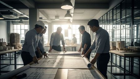 Professional team of engineers and architects meticulously reviewing detailed blueprints on a long table in a sunlit industrial office.の素材