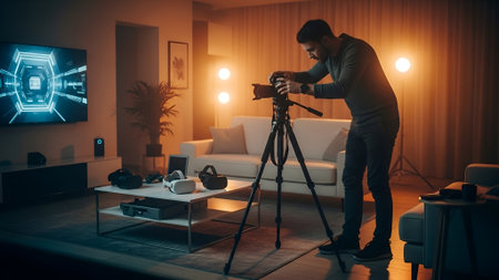 A focused man adjusts a professional camera on a tripod in a modern, warmly lit living room. A large TV displays a futuristic circuit board graphic, suggesting a home studio setup.の素材