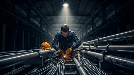 A lone electrician diligently works on complex wiring in a dimly lit, industrial tunnel, illuminated by a single, powerful spotlight.の素材