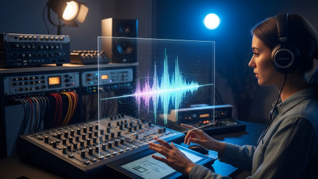 A dedicated audio engineer, wearing headphones, meticulously adjusts sound levels on a mixing console, with a vibrant holographic waveform display illuminating the modern studio environment.の素材