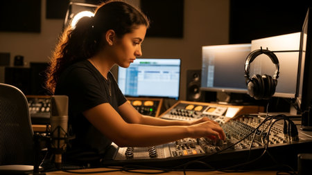 A young woman intently works on a mixing console in a dimly lit recording studio, surrounded by audio equipment and monitors.の素材