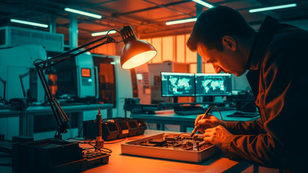 Engineer meticulously examines a circuit board under a focused lamp in a high-tech laboratory, illuminated by teal and orange lighting, with monitors displaying world maps.の素材