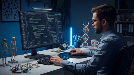 Side view of a focused man coding at a desk, bathed in blue light from the screen and neon, with scientific models, highlighting intense research.の素材
