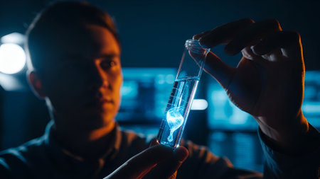 A scientist intently examines a glowing sample within a test tube in a high-tech laboratory. The scene is bathed in cool blue light, suggesting advanced research.の素材