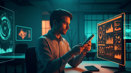 A man intently studies a tablet, surrounded by glowing holographic screens displaying complex data charts and graphs in a dimly lit, futuristic workspace.の素材