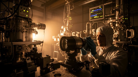 A focused scientist in a protective hood operates a complex, glowing machine in a dimly lit, steampunk-style industrial laboratory, surrounded by intricate pipes and monitors.の素材