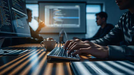 Three programmers collaborate in a dimly lit office, illuminated by computer screens displaying code. Focus on hands typing, teamwork, and late-night work.の素材