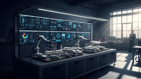 Advanced automotive concept design studio, showcasing robotic arms, 3D models, and interactive digital interfaces bathed in dramatic sunlight.の素材