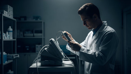 A scientist in a white coat meticulously examines a sample in a dimly lit laboratory, surrounded by medical equipment and shelves filled with supplies.の素材