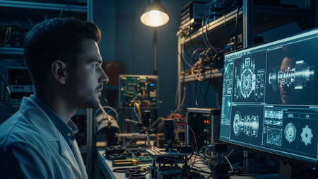 A determined scientist in a lab coat intently studies a glowing holographic interface displaying intricate technical schematics, bathed in cool, artificial light.の素材