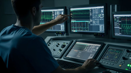 A focused technician in scrubs analyzes critical data on multiple glowing screens in a dark, high-tech control room, pointing to a specific waveform.の素材