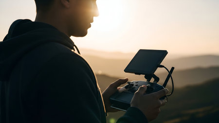 A silhouetted pilot operates a drone controller with a screen, capturing stunning aerial views of a mountain range during a warm, hazy sunset.の素材