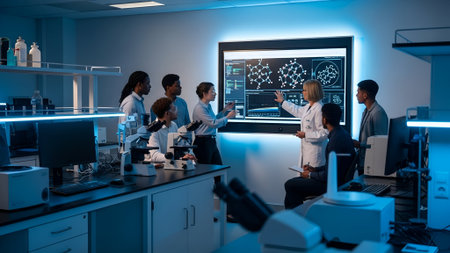 A female scientist teaches a diverse group of students in a futuristic, blue-lit laboratory, pointing to complex molecular data on a large interactive digital screen.の素材