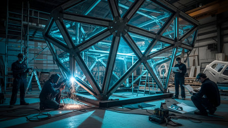 Workers construct a large, geometric steel structure illuminated with blue light in an industrial setting, showcasing modern architecture and engineering.の素材