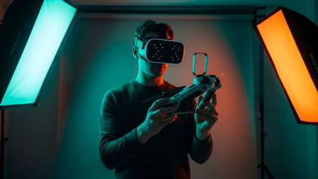 A man wearing a VR headset and holding a controller is immersed in a virtual reality game, illuminated by vibrant studio lights in a modern setting.の素材
