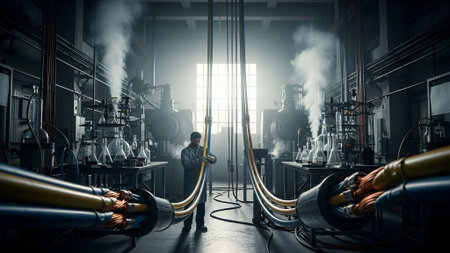A person stands in a dimly lit industrial space filled with complex machinery, thick cables, and rising steam, creating a sense of mystery and scale.の素材