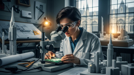 A focused female scientist in a lab coat intently examines a glowing microchip under a microscope, surrounded by blueprints and architectural models in a cinematic, gothic-style lab.の素材