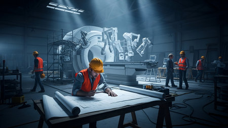 Engineers in a dimly lit workshop, illuminated by dramatic spotlights, meticulously review blueprints for a complex, futuristic mechanical structure, symbolizing innovation and teamwork.の素材