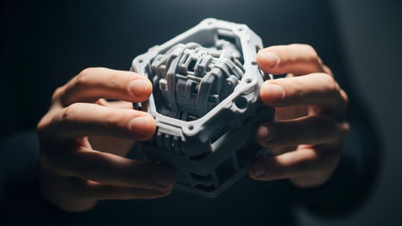 Close-up of hands carefully holding a complex, white 3D printed object. Dramatic lighting highlights the object's details against a dark background, emphasizing its intricate design.の素材