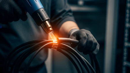 A technician in protective gloves uses a heat gun, its tip glowing intensely orange while fusing a junction on a bundle of thick black industrial cables in a workshop.の素材