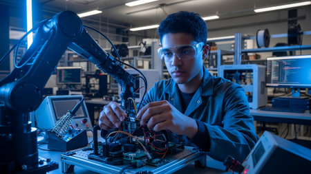 A focused young engineer in safety glasses meticulously assembles a complex robotic prototype in a futuristic, blue-lit laboratory, surrounded by advanced technology.の素材