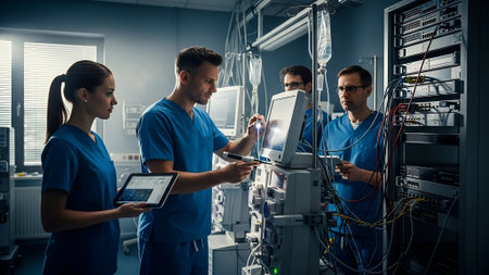 Medical team of doctors and a nurse working together in a hospital intensive care unit, operating and monitoring complex medical equipment, with a focus on patient care.の素材