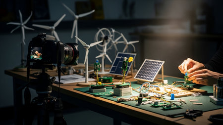 A workbench cluttered with miniature wind turbines, electronic components, and tablets, illuminated by a single light source, creating a focused and technical atmosphere.の素材