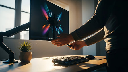Hands reaching for a sleek monitor displaying a colorful abstract pattern, bathed in warm sunlight, on a desk with keyboard and mouse.の素材